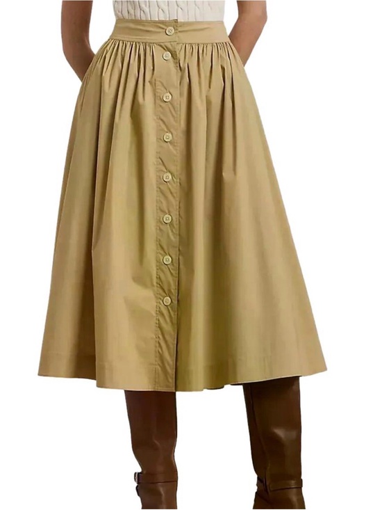Lauren Ralph Lauren Dresses & Skirts - Lauren Ralph Lauren Tan Gathered Button Up Full Midi Skirt Sz 8